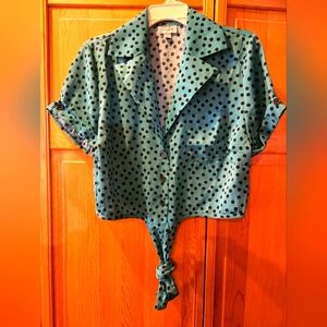 Teal Polka Dot Tie-Front Blouse